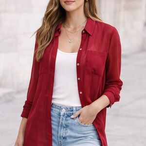 ZARA Red Sheer Button-Up Blouse | Flowy Long Tunic Top